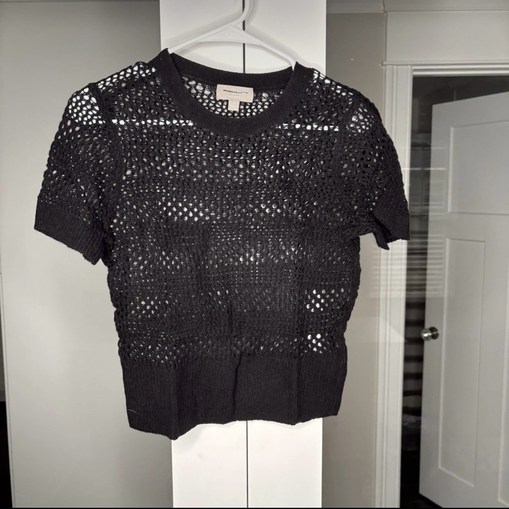 NWT J. Crew Cashmere Pointelle Short-sleeve T-shirt Black - Picture 2 of 4